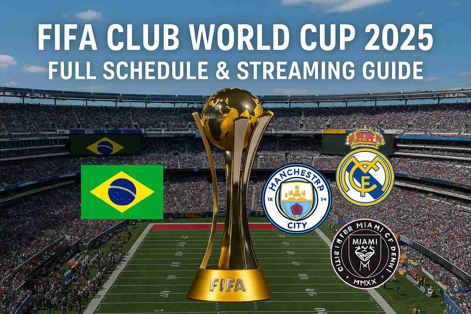 FIFA Club World Cup 2025 trophy with stadium and top club logos