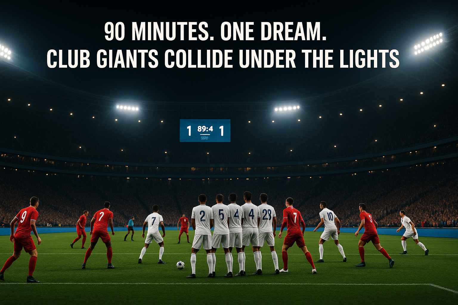 Players line up for a free kick in a packed stadium during the FIFA Club World Cup live match, with the scoreboard showing a 1–1 tie in the 89th minute under dramatic floodlights.